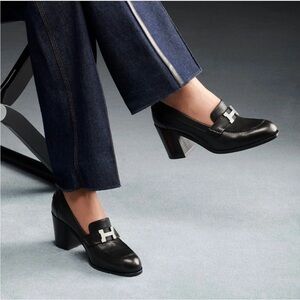 HERMÈS Dauphine 70 Loafer Pumps Heels Black Leather Silver Size 38.5 US 8/8.5